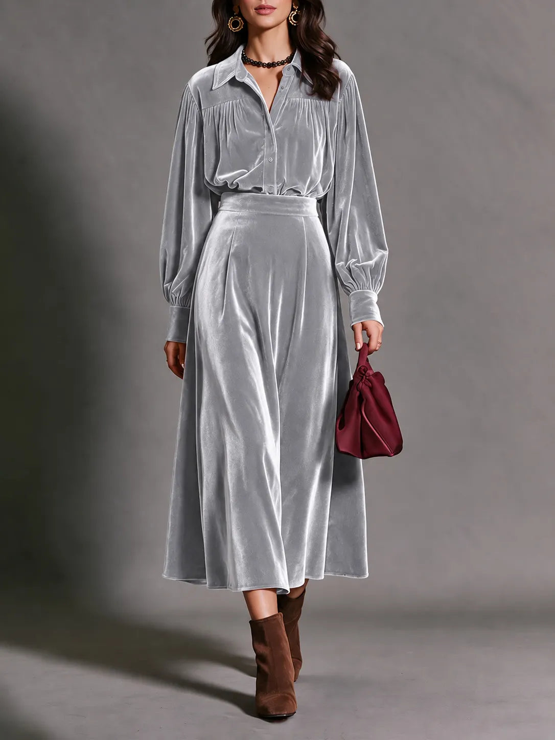 Purple Velvet Matching Set, Puff Sleeve Shirt and Flowy Midi Skirt
