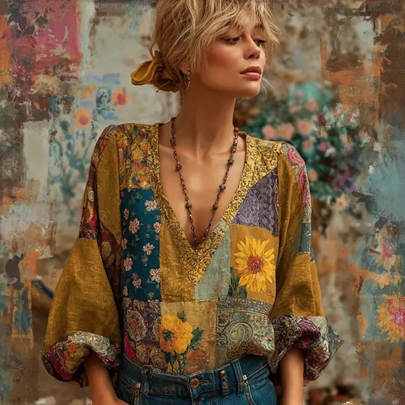 3D Digital Print V-Neck Lantern Long Sleeve Retro Casual Blouse