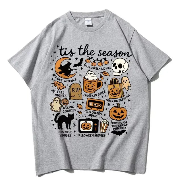 Halloween Retro Letter Graphic Crew Neck Short Sleeve T‑Shirt