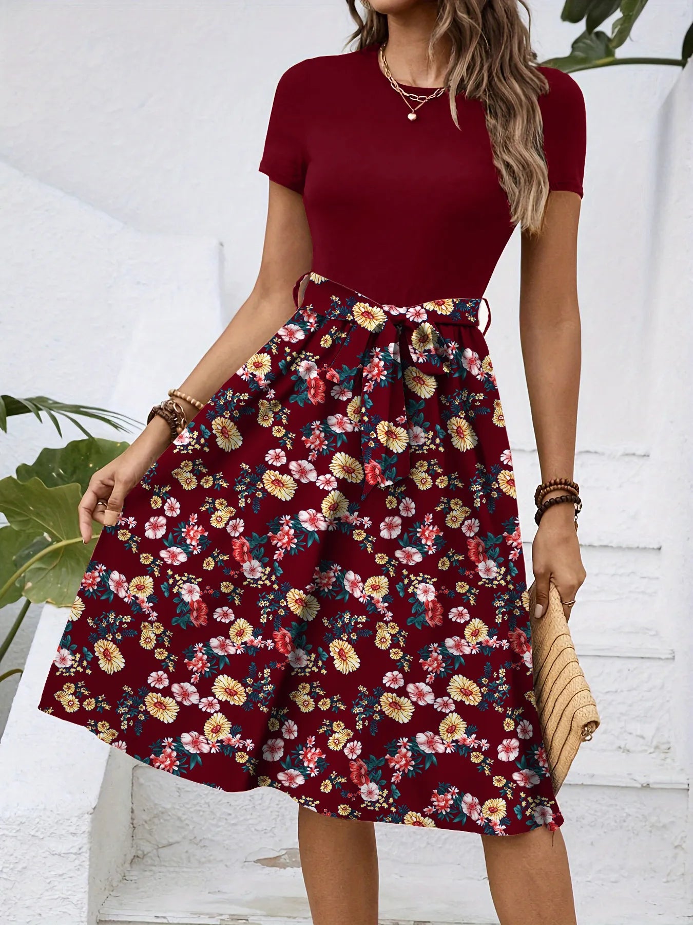 Color Block Floral Tie Waist A-Line Midi Dress Round Neck Short Sleeve Elegant Campus Daily Dress