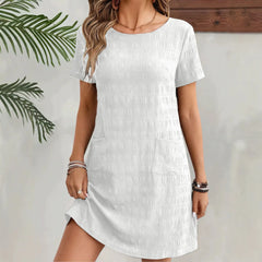 Solid Crew Neck Short Sleeve Casual Pocket Dress
