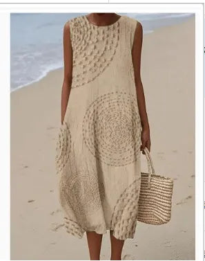 Round Neck Sleeveless 3D Floral Print Loose A-Line Midi Dress