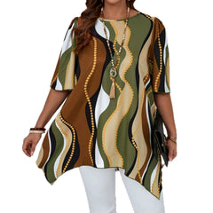 Round Neck Mid-Sleeve Abstract Wave Print Irregular Hanky Hem Loose Plus Size Tunic Top