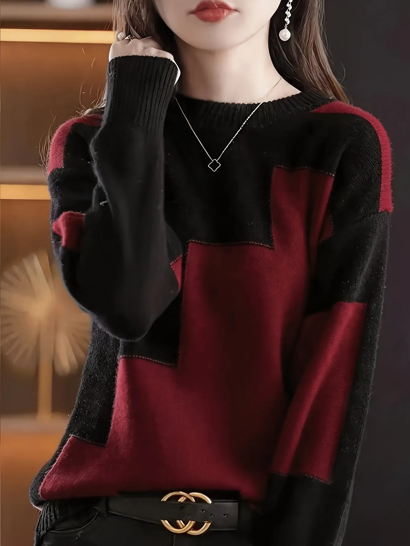 Crew Neck Argyle Color Block Knit Sweater