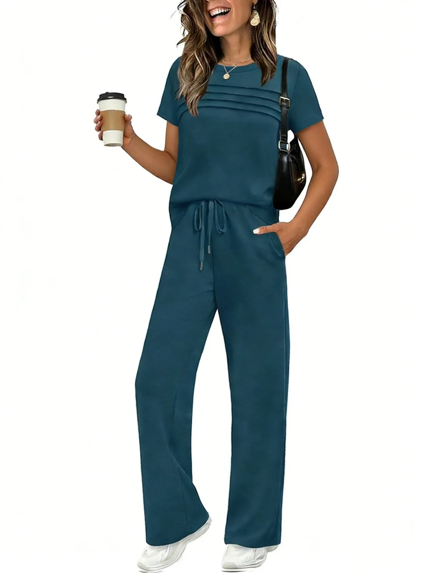 Short Sleeve Ruched Top & Drawstring Wide-Leg Pants Set