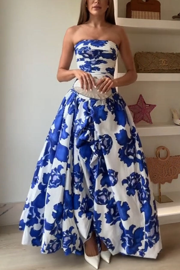Strapless Ruched Floral Print Maxi Dress