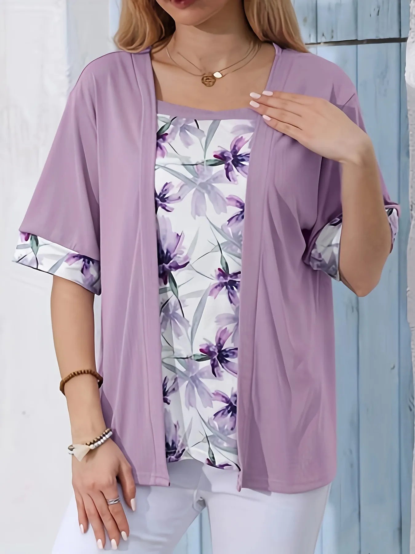 Square Neck Floral Print Fake Two-Piece Short Sleeve Loose Casual Top