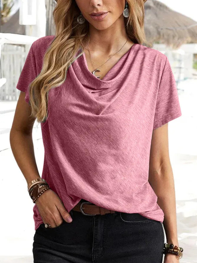 Solid Color Cowl Neck Loose Fit Short Sleeve T-Shirt