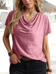 Solid Color Cowl Neck Loose Fit Short Sleeve T-Shirt