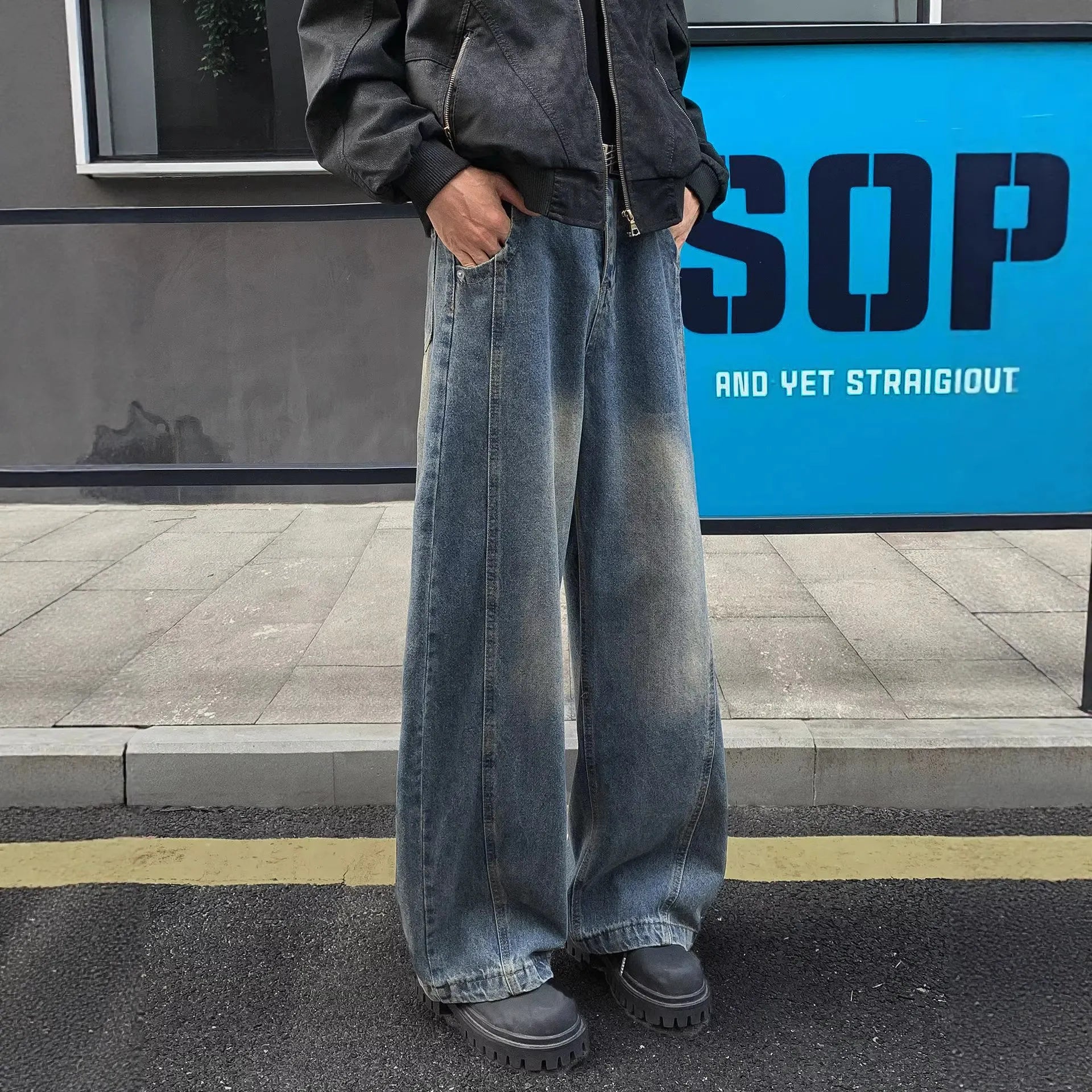 Men Mid Waist Vintage Washed Wide Leg Jeans