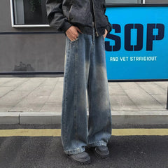 Men Mid Waist Vintage Washed Wide Leg Jeans