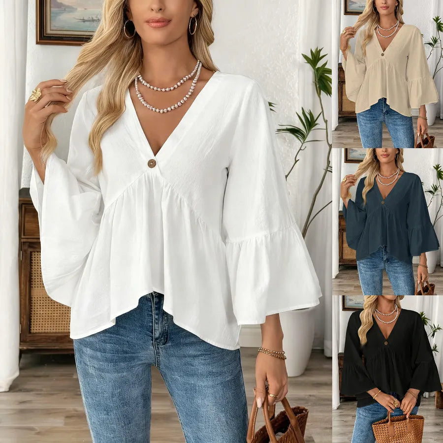 V-Neck Single Button Ruffle Sleeve Blouse