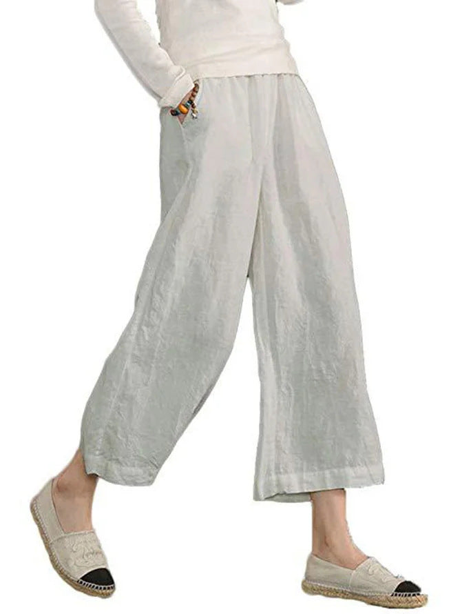 Navy Elastic High Waist Linen Cropped Wide Leg Pants