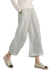 Navy Elastic High Waist Linen Cropped Wide Leg Pants