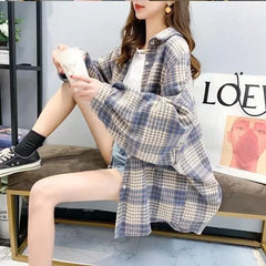Fall Oversized Brown Black Plaid Shirt, Long Length Button Front Loose Fit Blouse