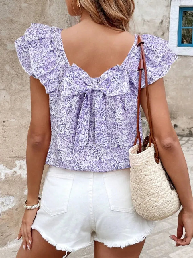 Floral Print Ruffle Sleeve Back Bow Blouse