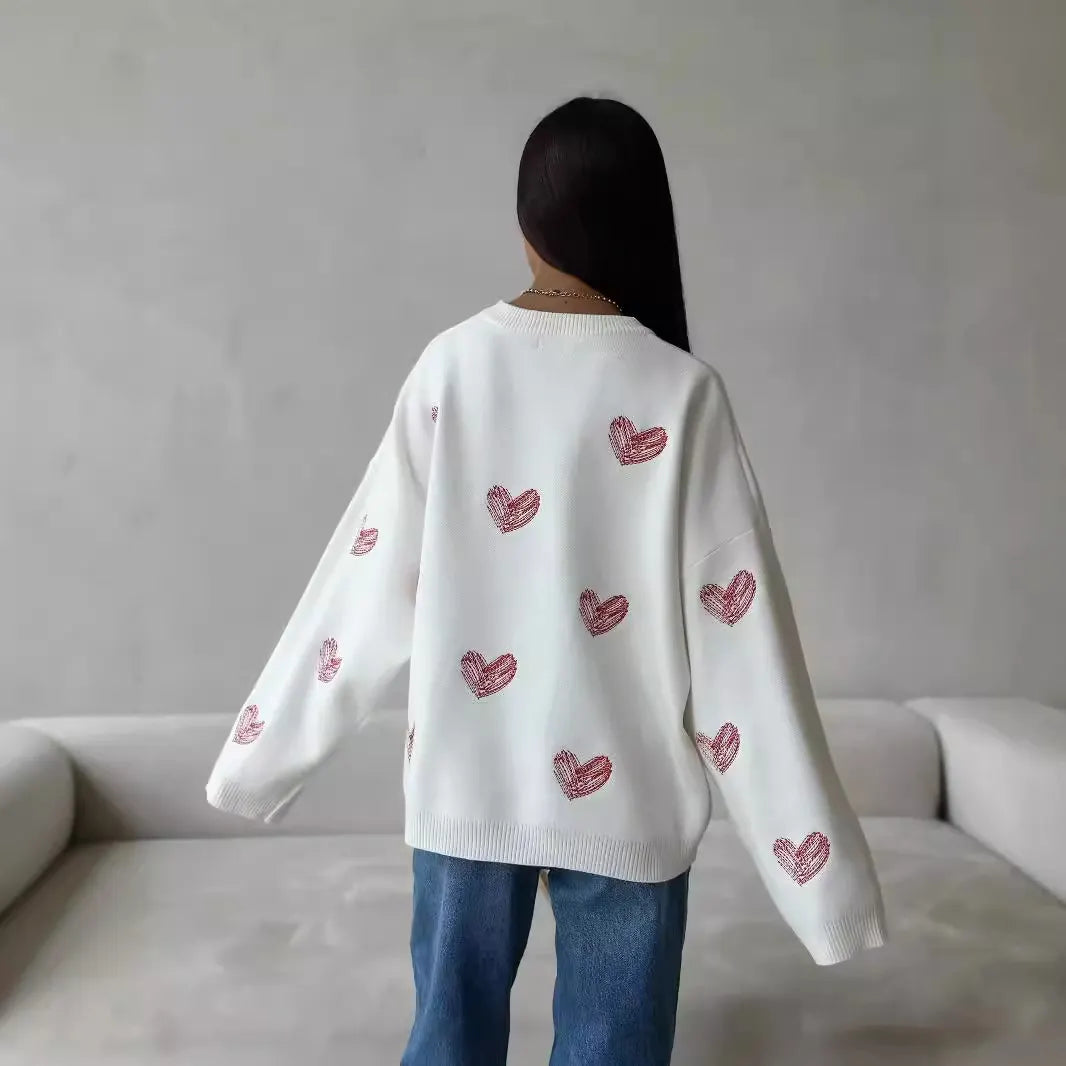 Cozy Heart Embroidered Oversized Sweater, White Round Neck Long Sleeve Casual Autumn Top
