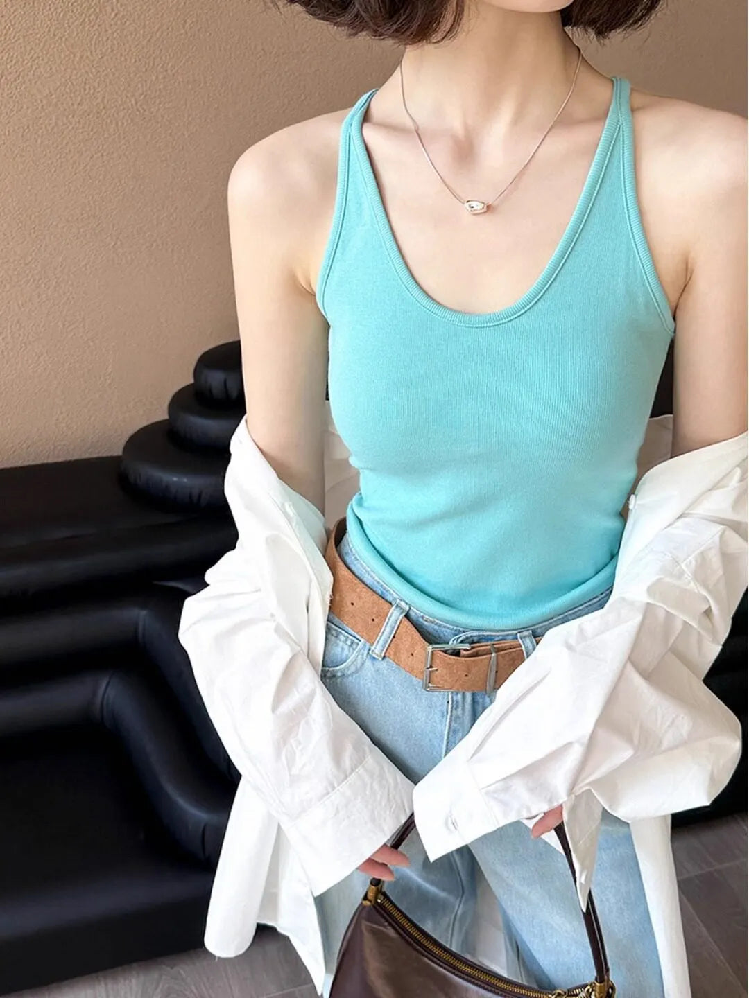 U Neck Thin Strap Ribbed Slim Cami Tank Top