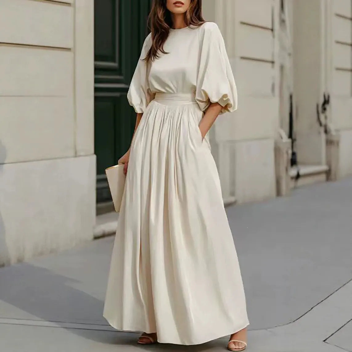 Cream Puff Short Sleeve High Waist Flowy Maxi Dress with Pockets