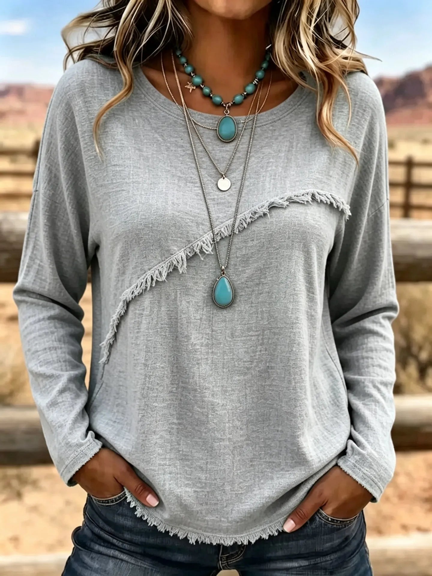 Crew Neck Diagonal Fringe Spliced Long Sleeve Polyester Casual Top