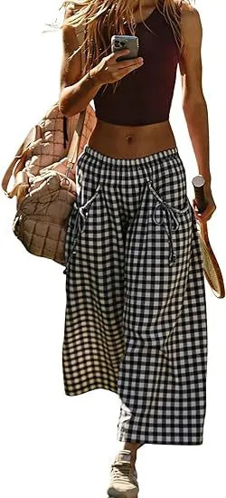 Plaid Drawstring Wide Leg Cropped Pants