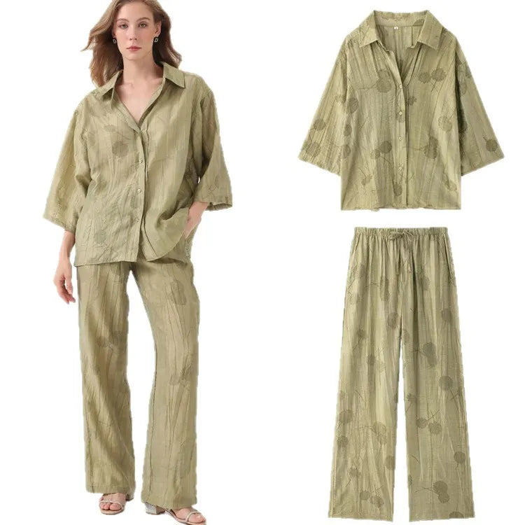 Printed Lapel 3/4 Sleeve Shirt & Wide Leg Long Pants Two Piece Casual Set