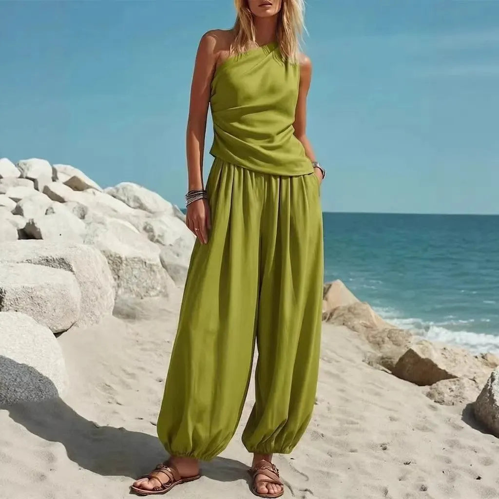2 Piece Outfit, One Shoulder Ruched Tank Top and Loose Harem Pants Set