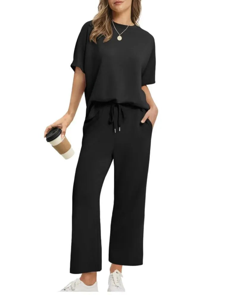 Solid Crew Neck Short Sleeve Top & Elastic Waist Wide Leg Pants