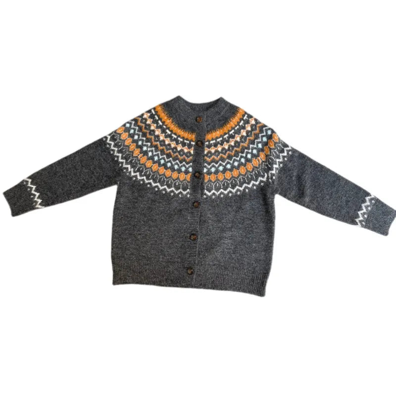 Vintage Fair Isle Knit Cardigan Round Neck Button Front Long Sleeve Sweater Jacket