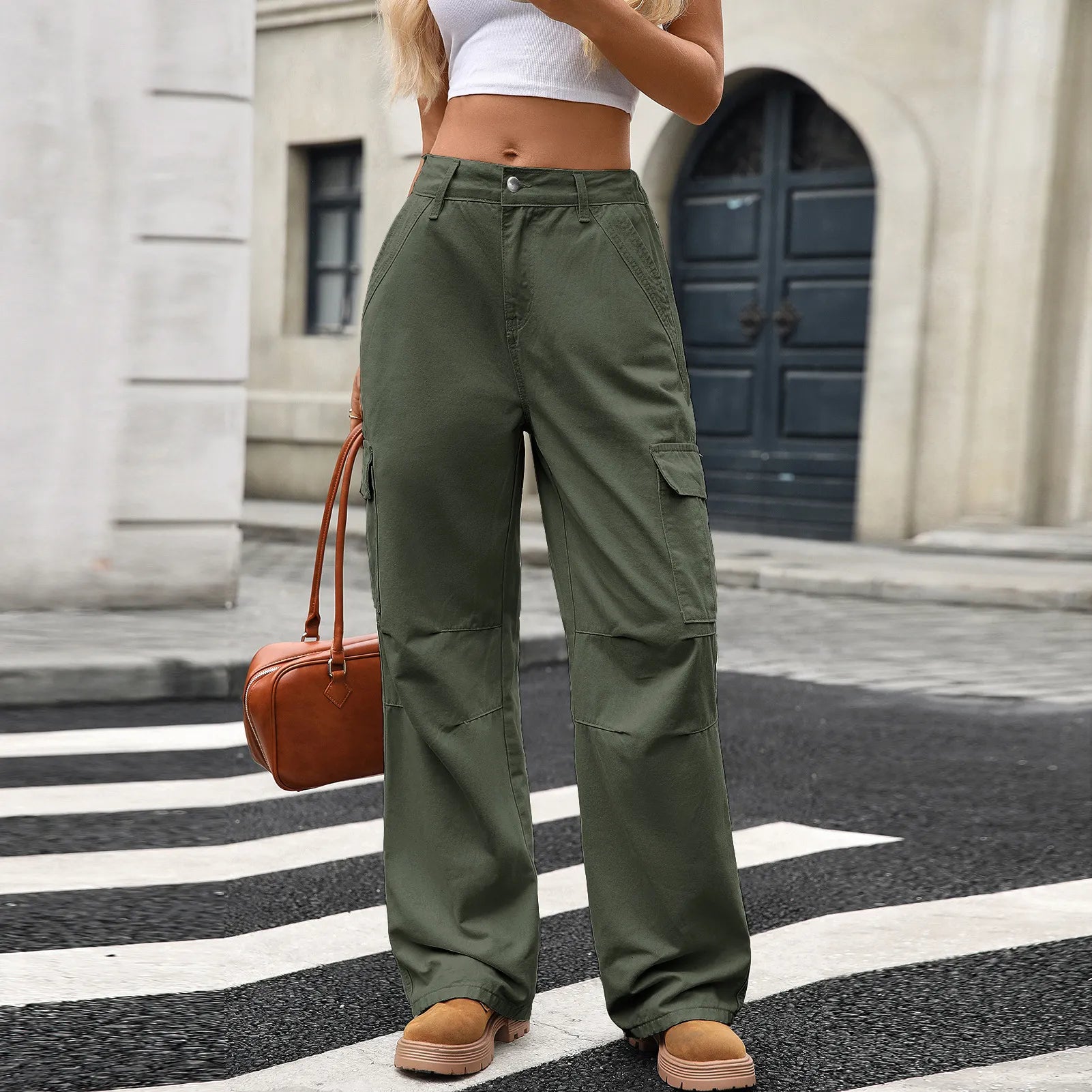 Mid-Rise Solid Color Denim Wide Leg Cargo Workwear Jeans