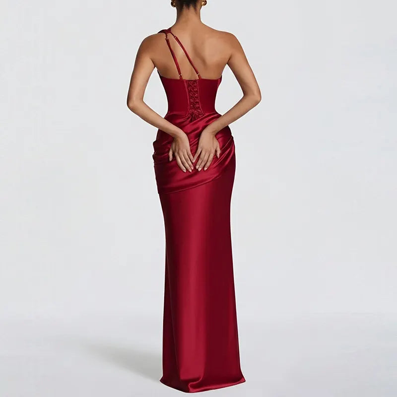 One Shoulder Cutout Satin Mermaid Evening Maxi Dress