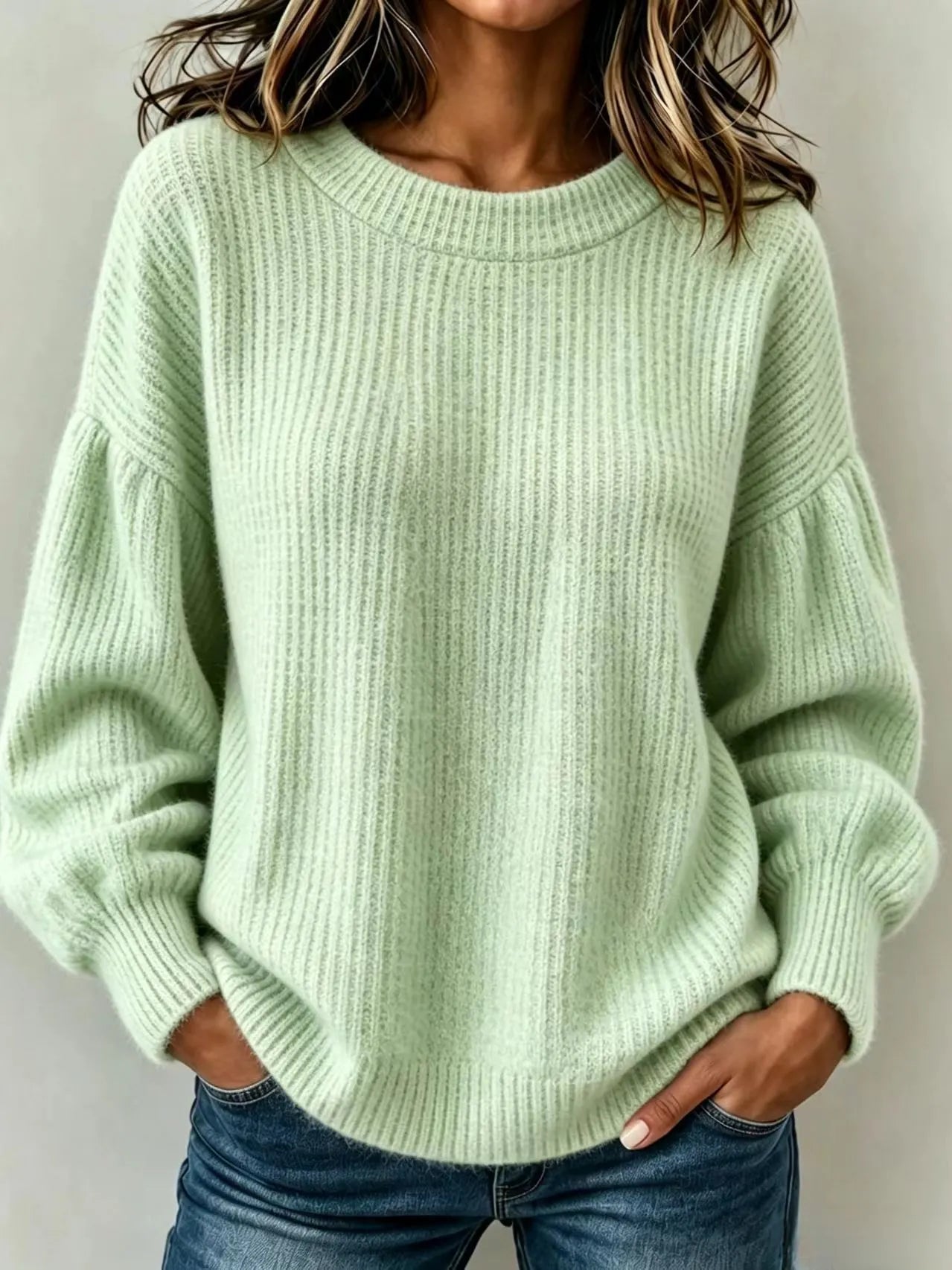 Balloon Sleeve Ribbed Hem Casual Knit Top