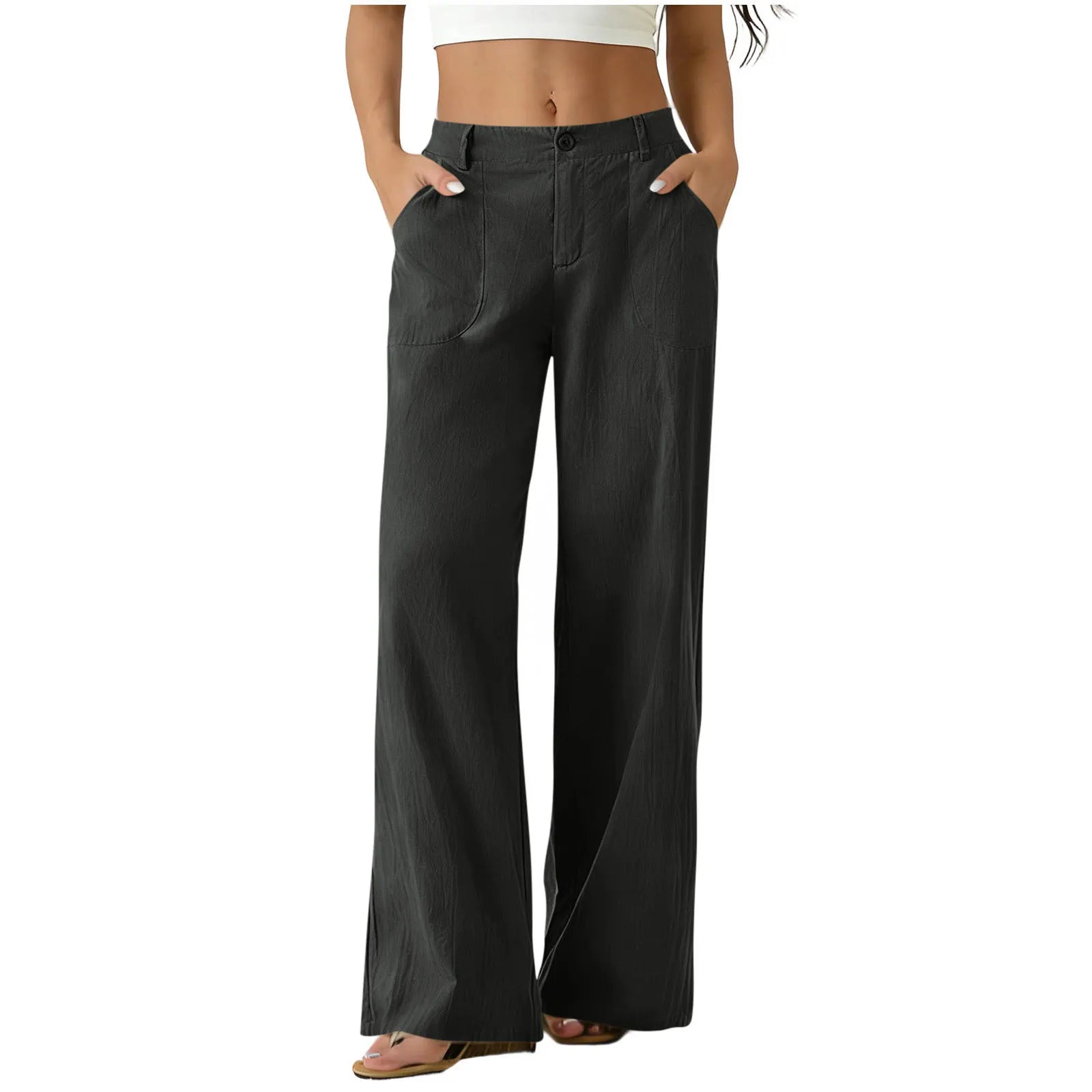Casual Mid Waist Wide Leg Cotton Linen Pants