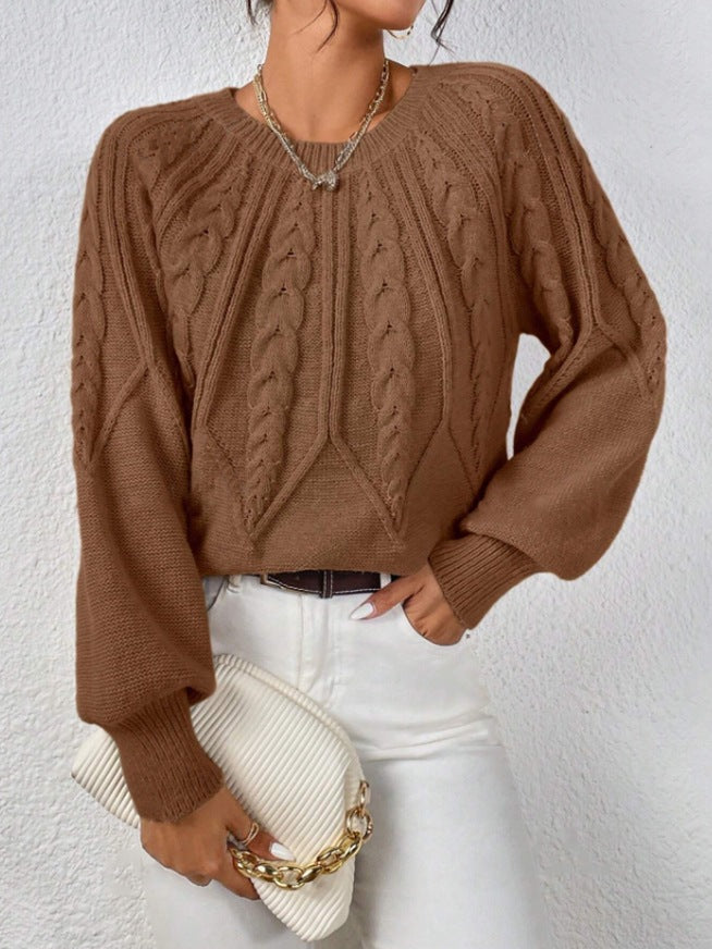 Crew Neck Cable Knit Sweater, Long Lantern Sleeve Loose Solid Pullover