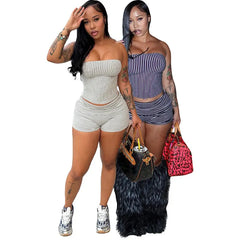 Striped Knit Strapless Tube Top & Mini Shorts Two Piece Casual Set
