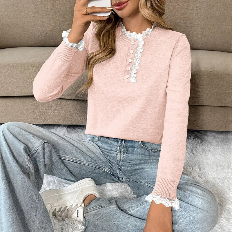 Feminine Lace Trim Knit Sweater, Button Placket Long Sleeve Soft Fall Basic Top