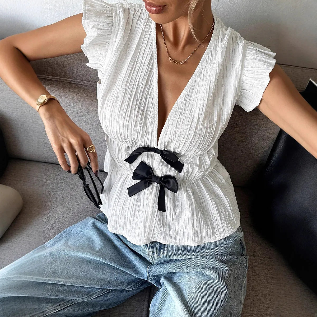 V-Neck Ruffle Cap Sleeve Double Bow Peplum Textured Top