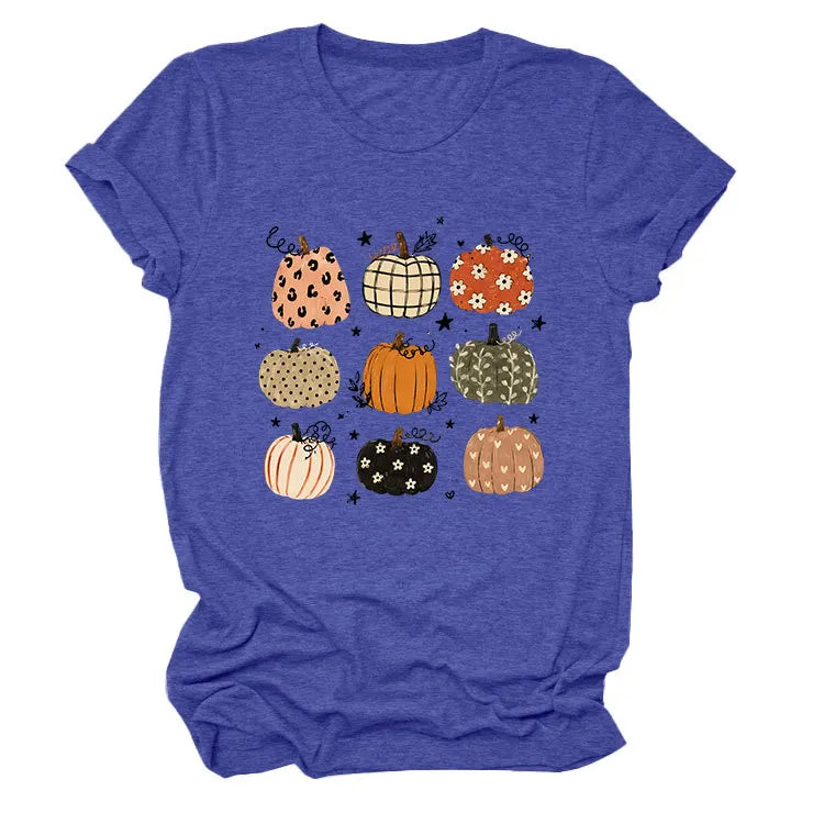 Leopard Floral Plaid Pumpkin Casual Short Sleeve Tee