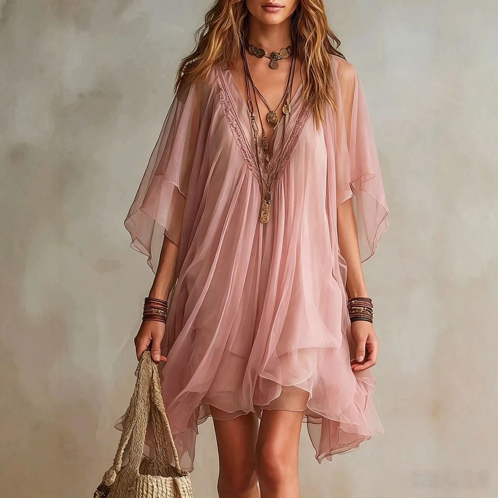 Deep V Neck Sheer Five-Quarter Sleeve Loose Irregular Hem Chiffon Mini Dress