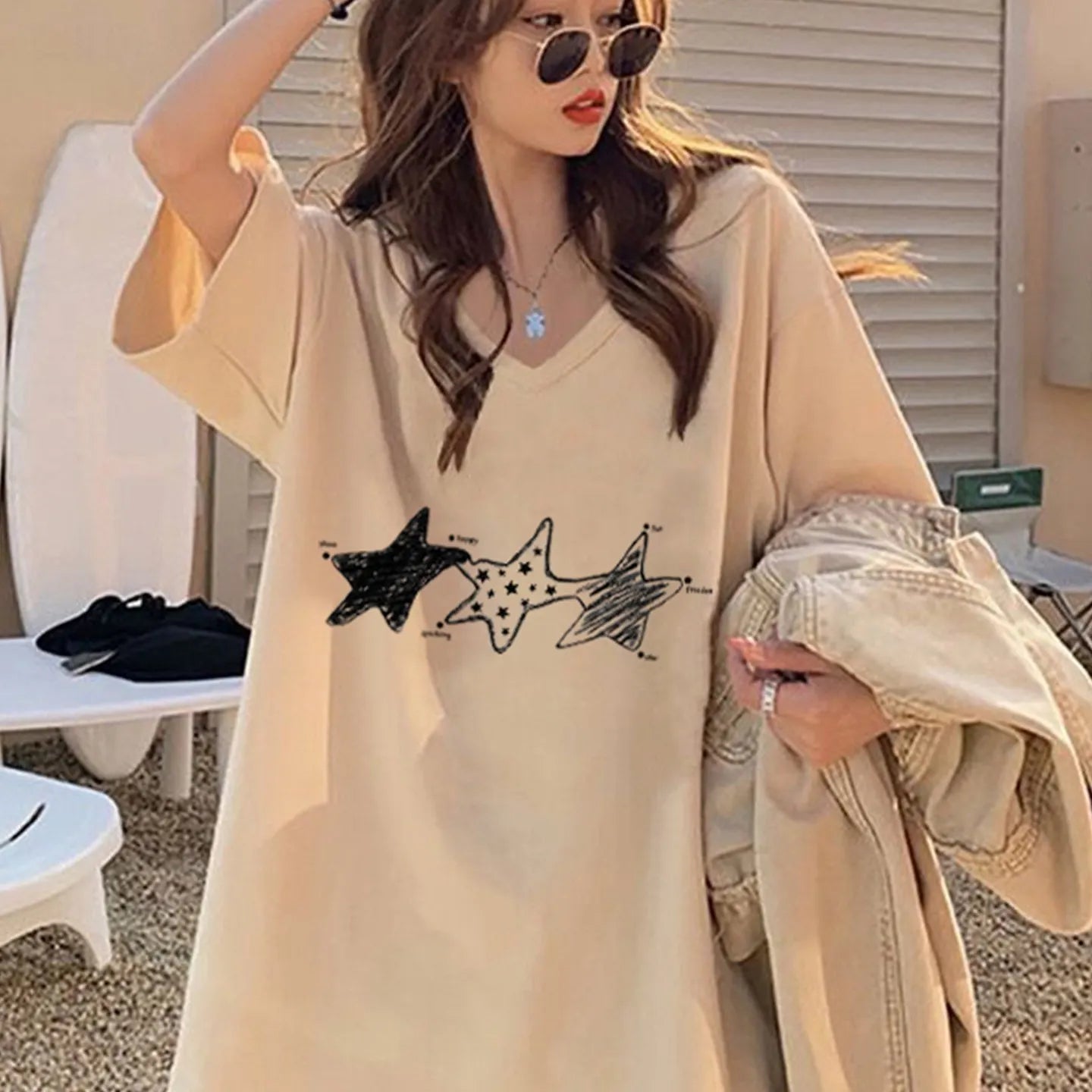 V Neck Pentagram Print Loose Pure Cotton Short Sleeve Casual T-shirt