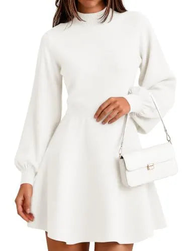 Elegant Mock Neck Knit Dress, Puff Sleeve A-line Mini Dress for Autumn Outfit