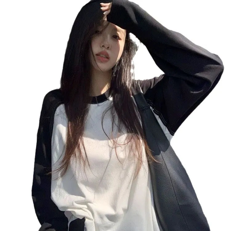 Oversized Contrast Color Raglan Long Sleeve Crew Neck Casual T-Shirt