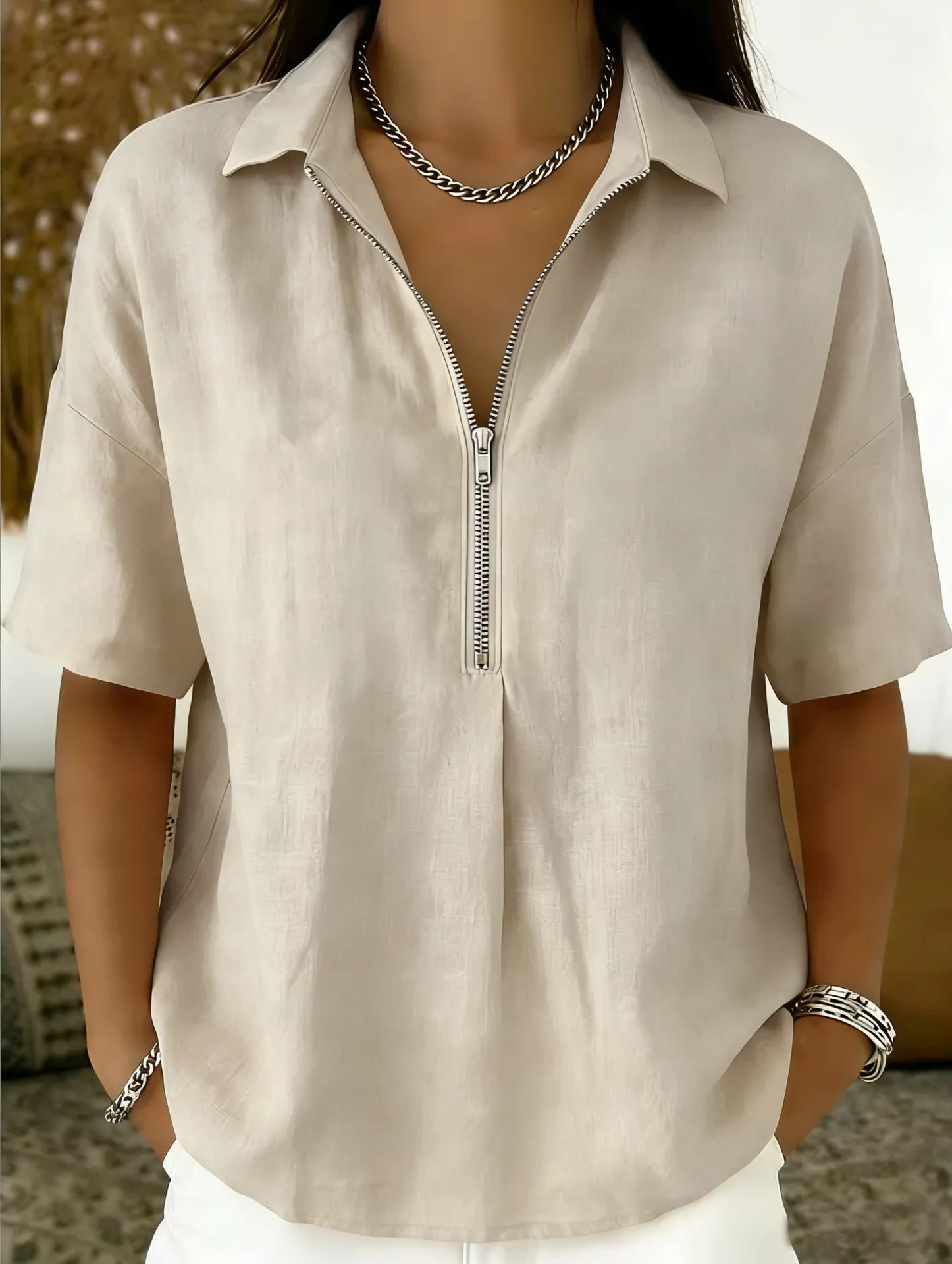 Solid Lapel Half Zip Short Sleeve Casual Top