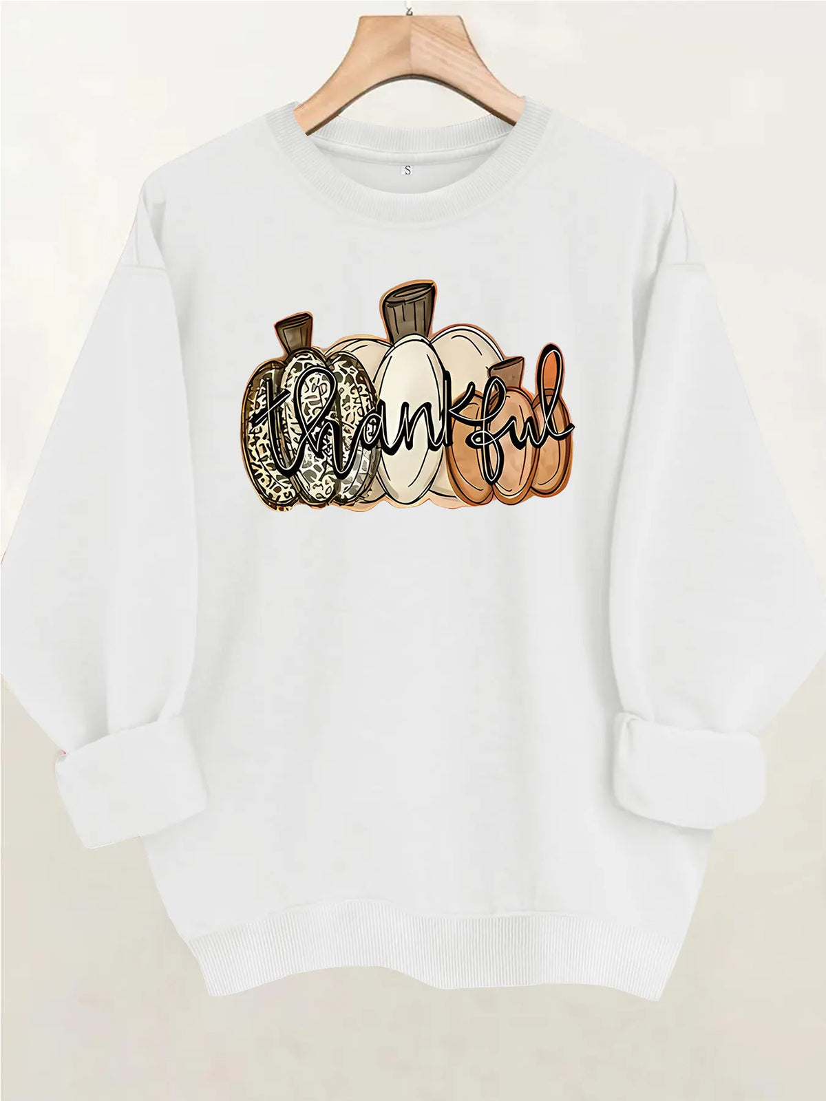 Halloween Thankful Pumpkin Print Round Neck Sweatshirt