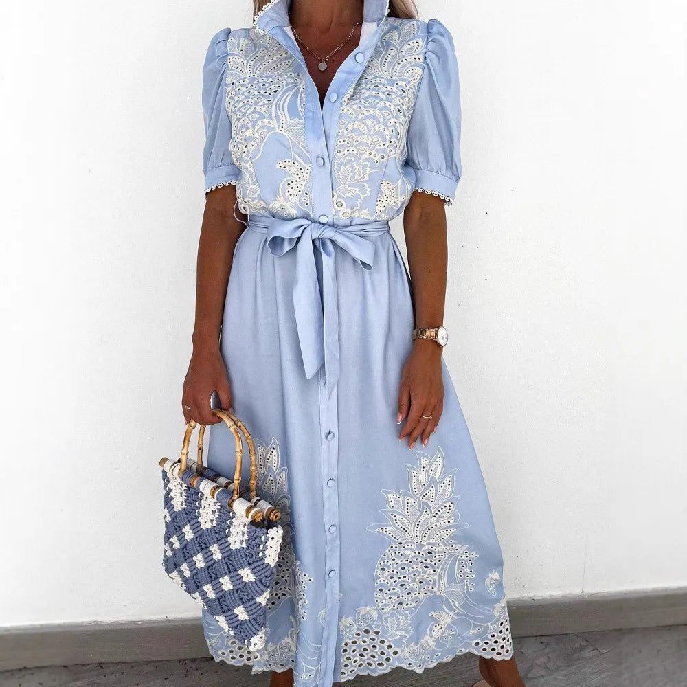 Eyelet Embroidered Button Down Midi Dress