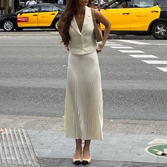 Sleeveless Blazer Vest & Pleated Midi Skirt 2 Piece Set