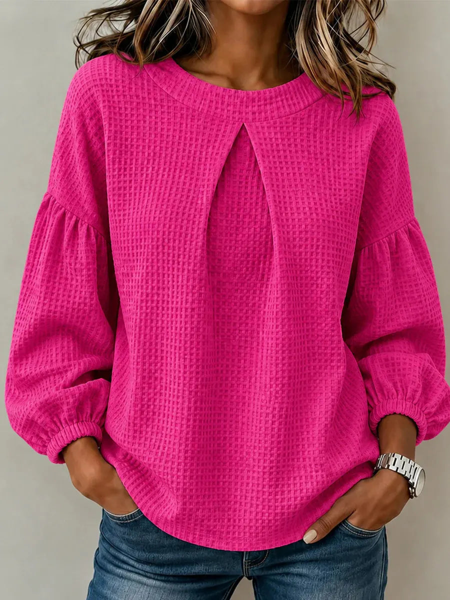 Waffle Knit Round Neck Blouse Pleated Front Balloon Long Sleeve Loose Casual Top
