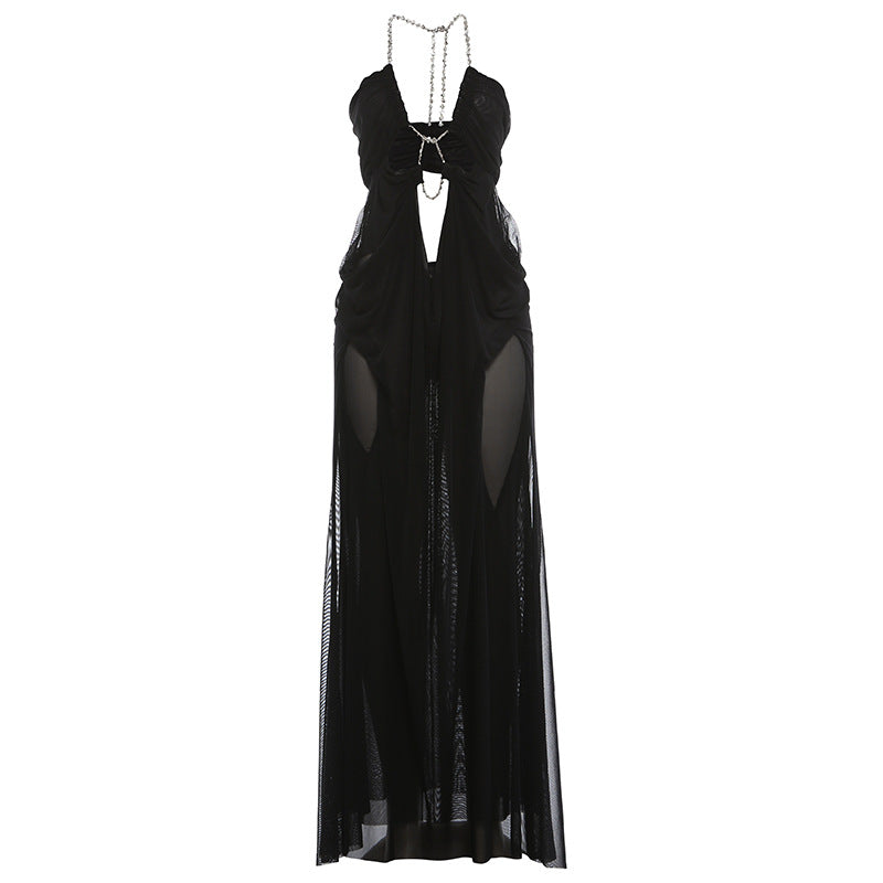 Rhinestone Chain Halter Maxi Dress