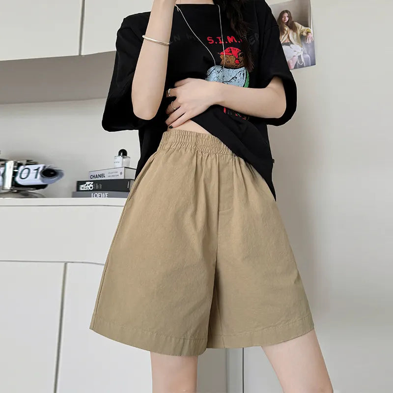 High Waist Elastic Waistband Micro-Stretch Cotton Wide-Leg Five-Point Shorts