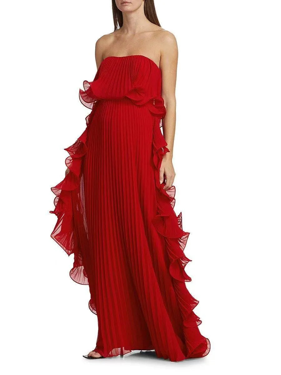 Strapless Ruffle Pleated Maxi Evening Dress